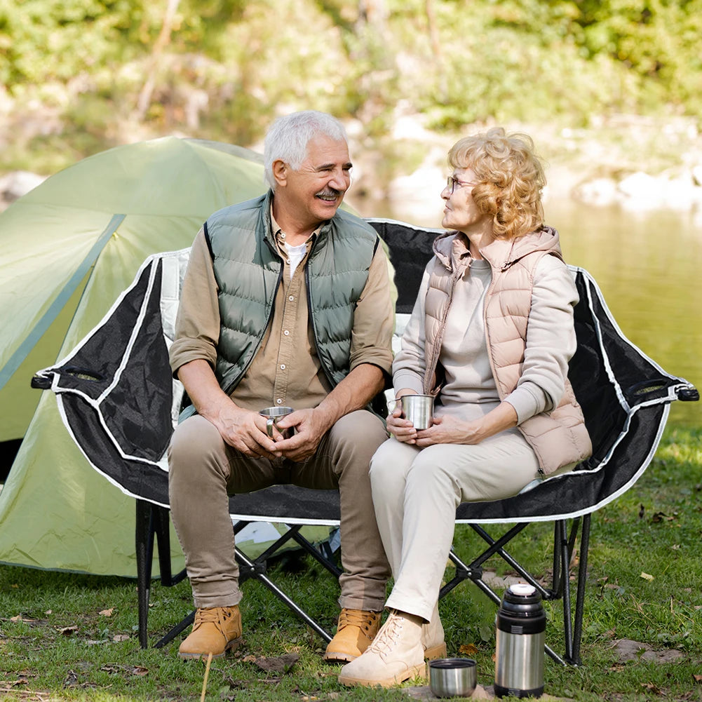 Double Folding Loveseat Camping Chair With Cup Holder Carry Bag