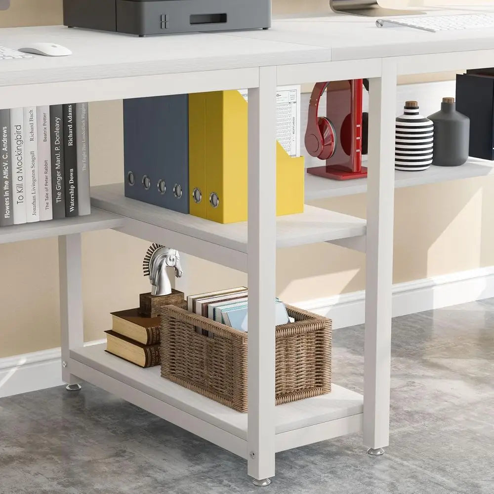 DAFIFY Rustic Double Computer Desk For Two With Shelf
