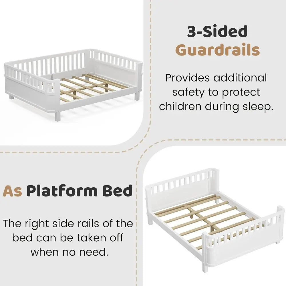 Modern Pine Wood Kids Floor Bed With Side Rails And Slats