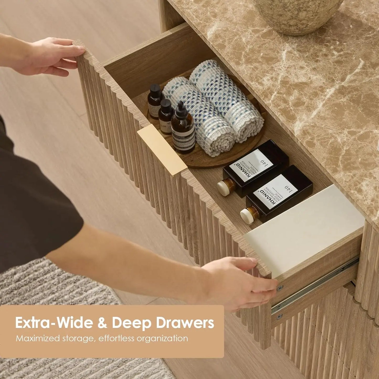 Modern Fluted 9 Drawer Dresser With Faux Marble Top And Curved Corners