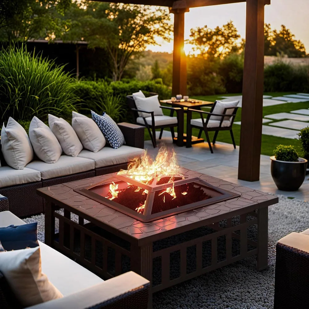 Metal Square Fire Pit Table With Spark Screen Outdoor Cover
