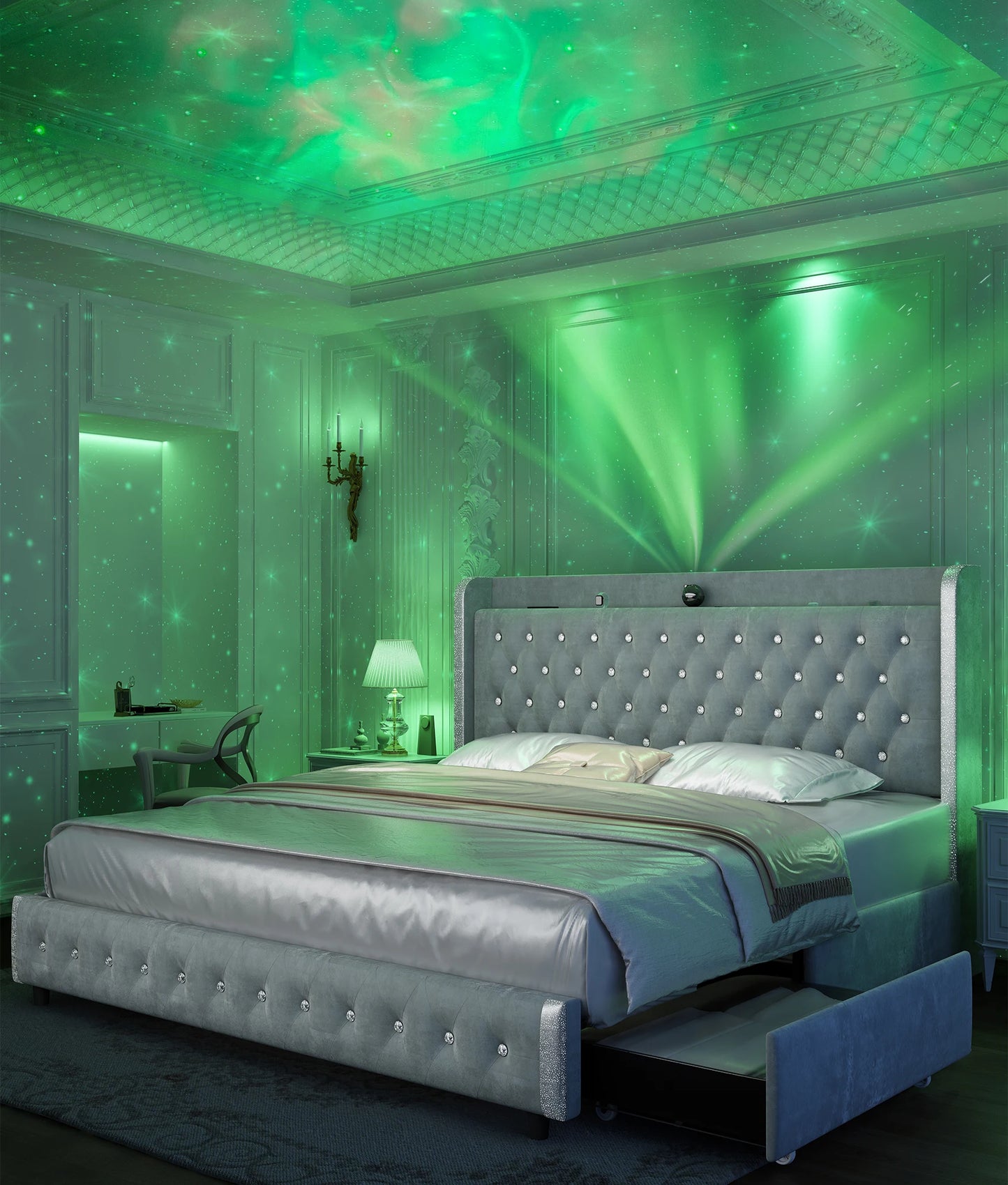 GEGOFORU Queen LED Bed Frame With Galaxy Projector Bluetooth Speaker USB Ports