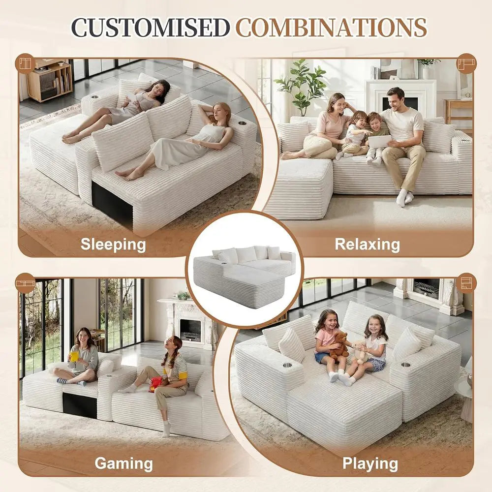 L Shaped Chaise Couch With Cup Holders Plush Corduroy Memory Foam