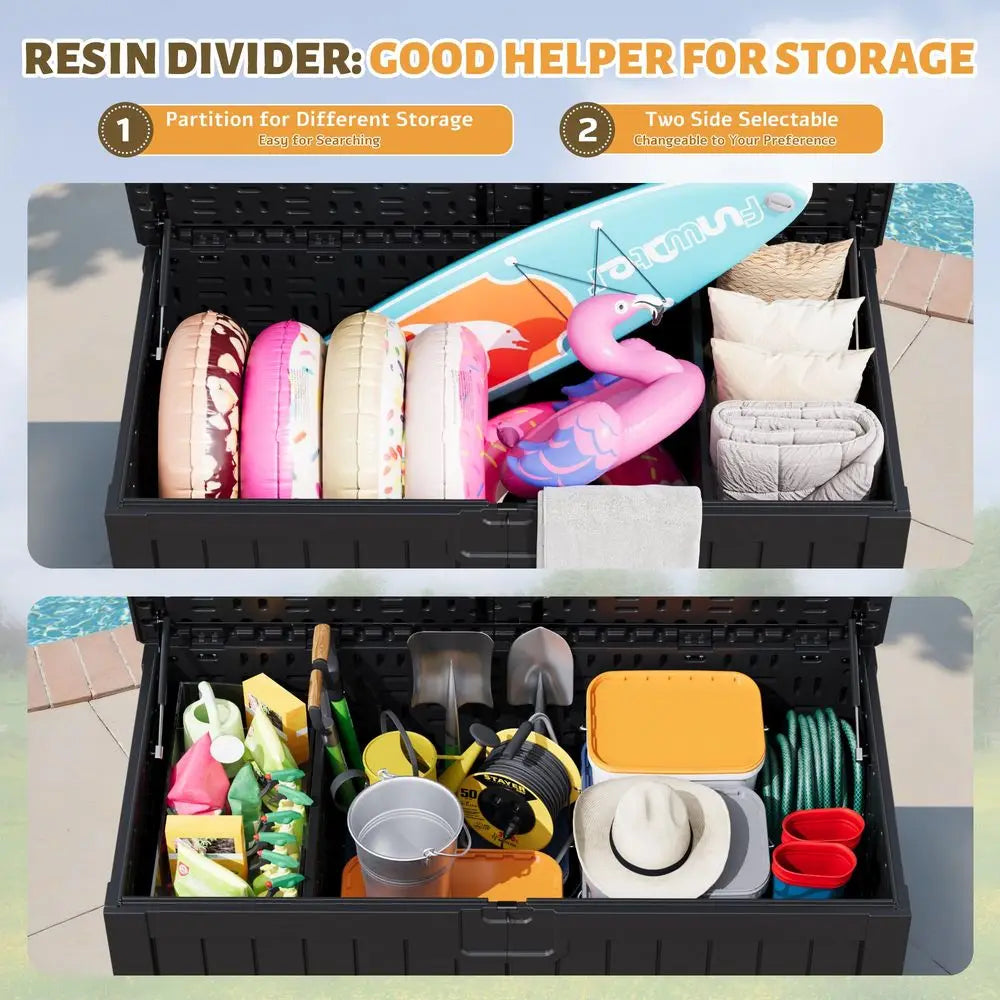 Resin Deck Box 250 Gallon, Waterproof ImitationWood Lockable Storage Box with Separator Plate Outdoor Indoor, Garden, Patio Fur