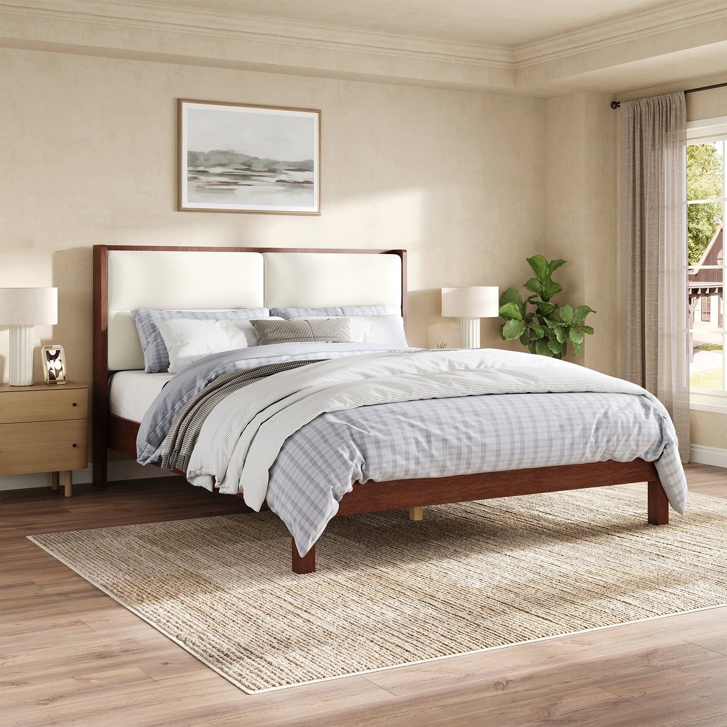 Solid Wood Platform Bed Frame With Upholstered Headboard No Box Spring Needed