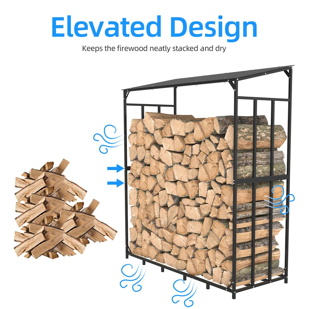 Outdoor Metal Firewood Rack and Log Storage Shed with Waterproof Roof