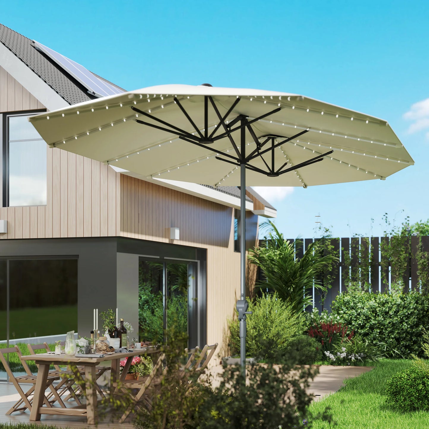 Patio Umbrella With Built-In Solar Lights UPF50+ For Outdoor Use