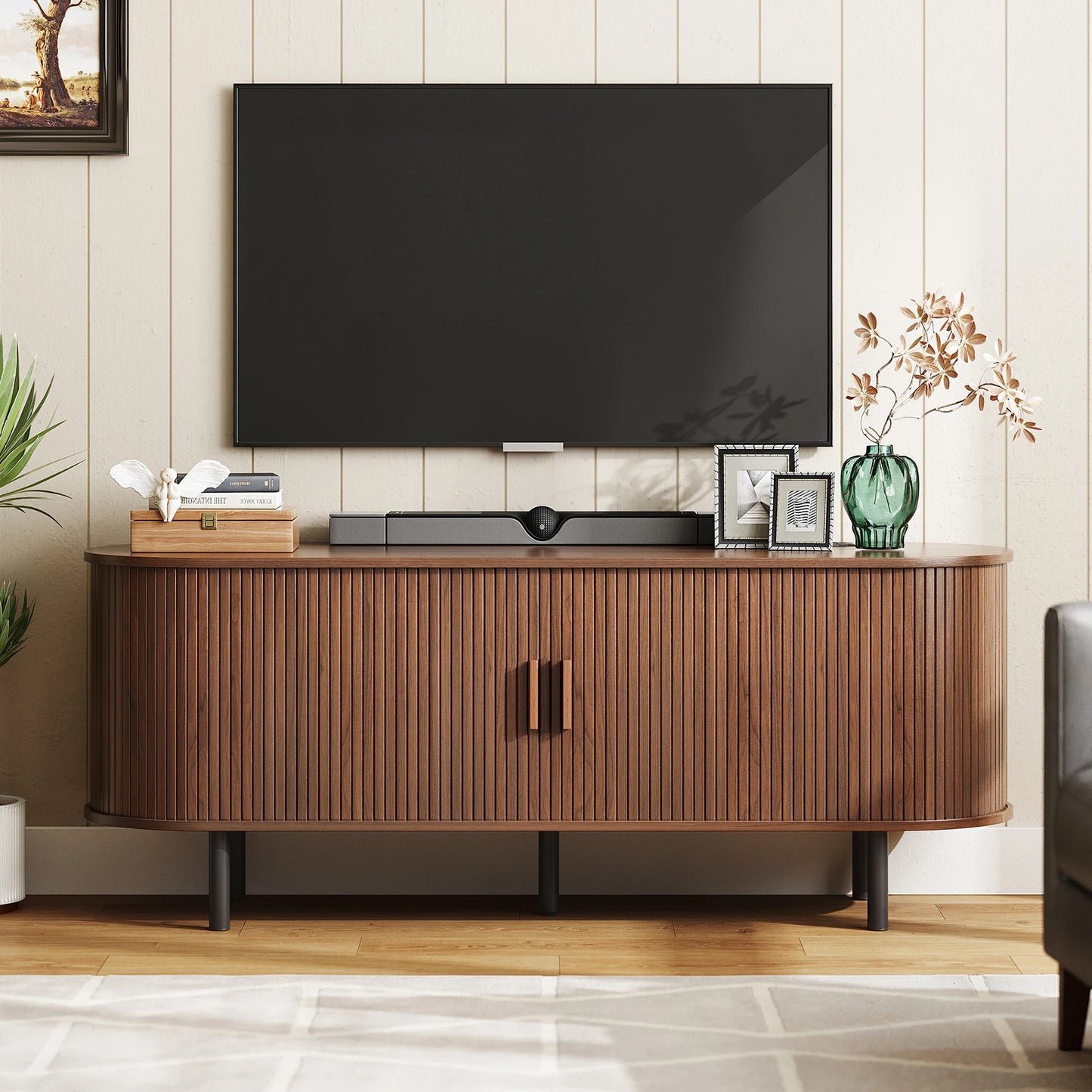 ONBRILL TV Stand With Power Outlet And Sliding Storage Doors