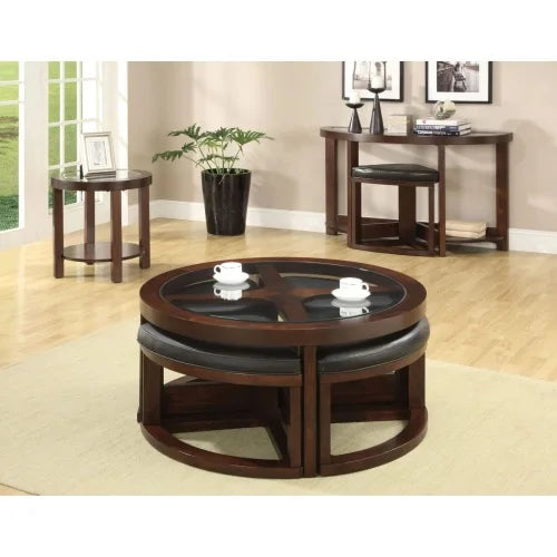 Traditional Coffee Table Set With Beveled Glass Top And Ottoman