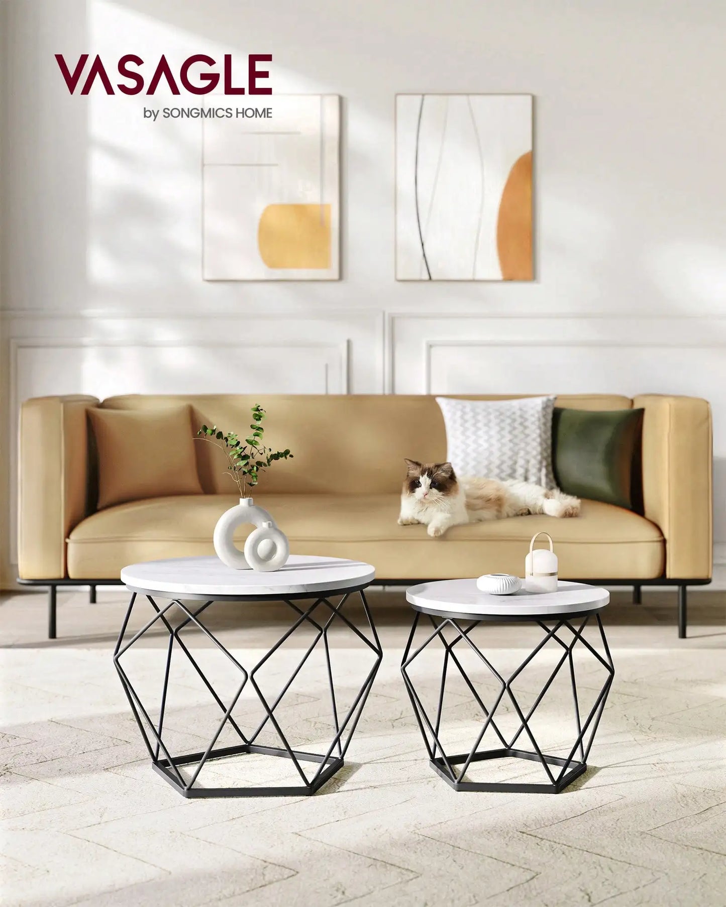 Round Coffee Table Set of 2 With Steel Frame for Living Room