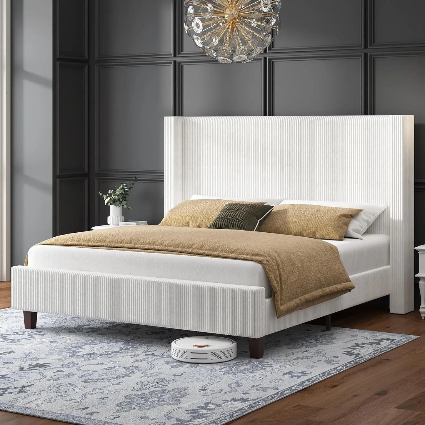 General Modern Corduroy Wingback Upholstered Bed Frame