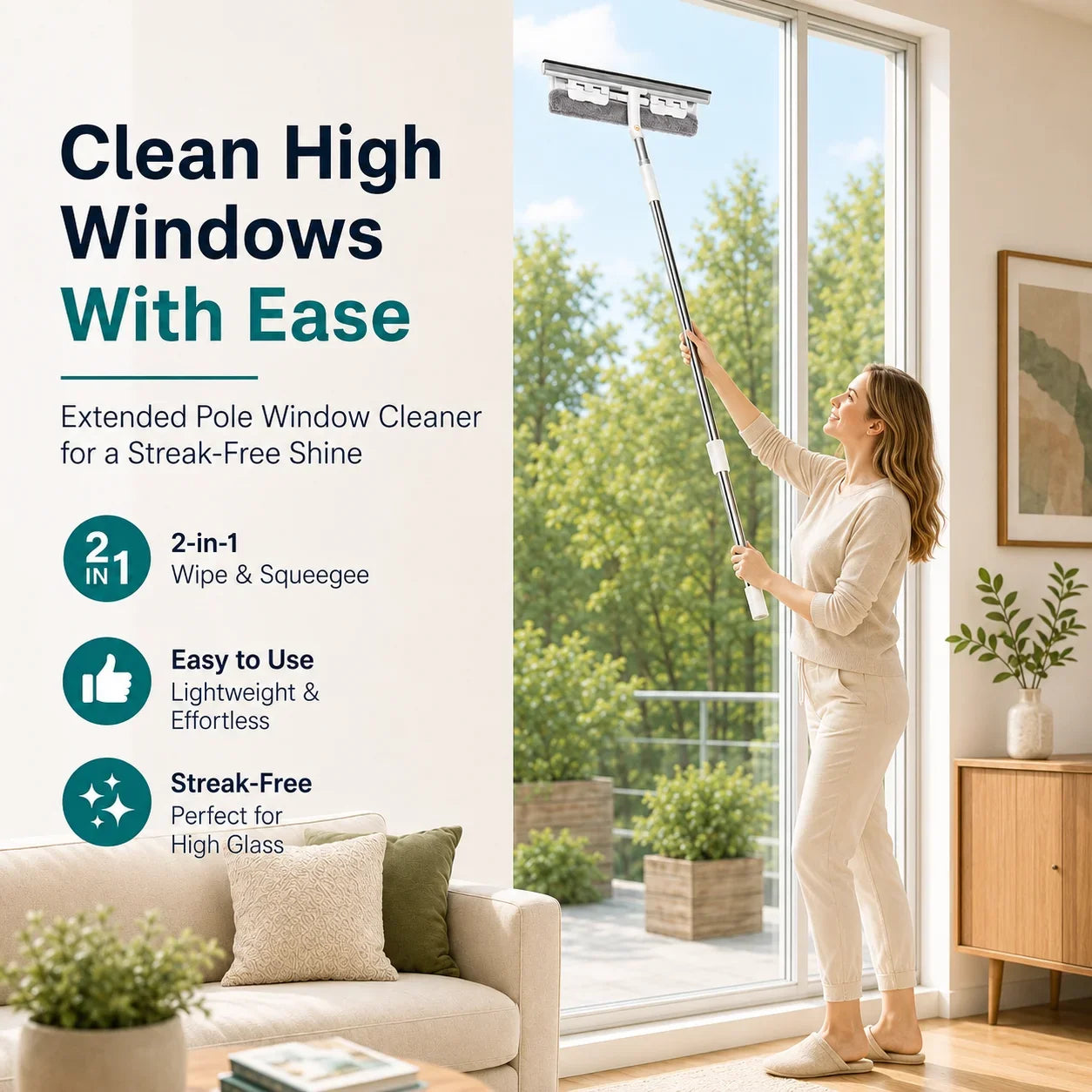 Joybos 2-in-1 Window Squeegee With Extendable Pole And Microfiber Pad