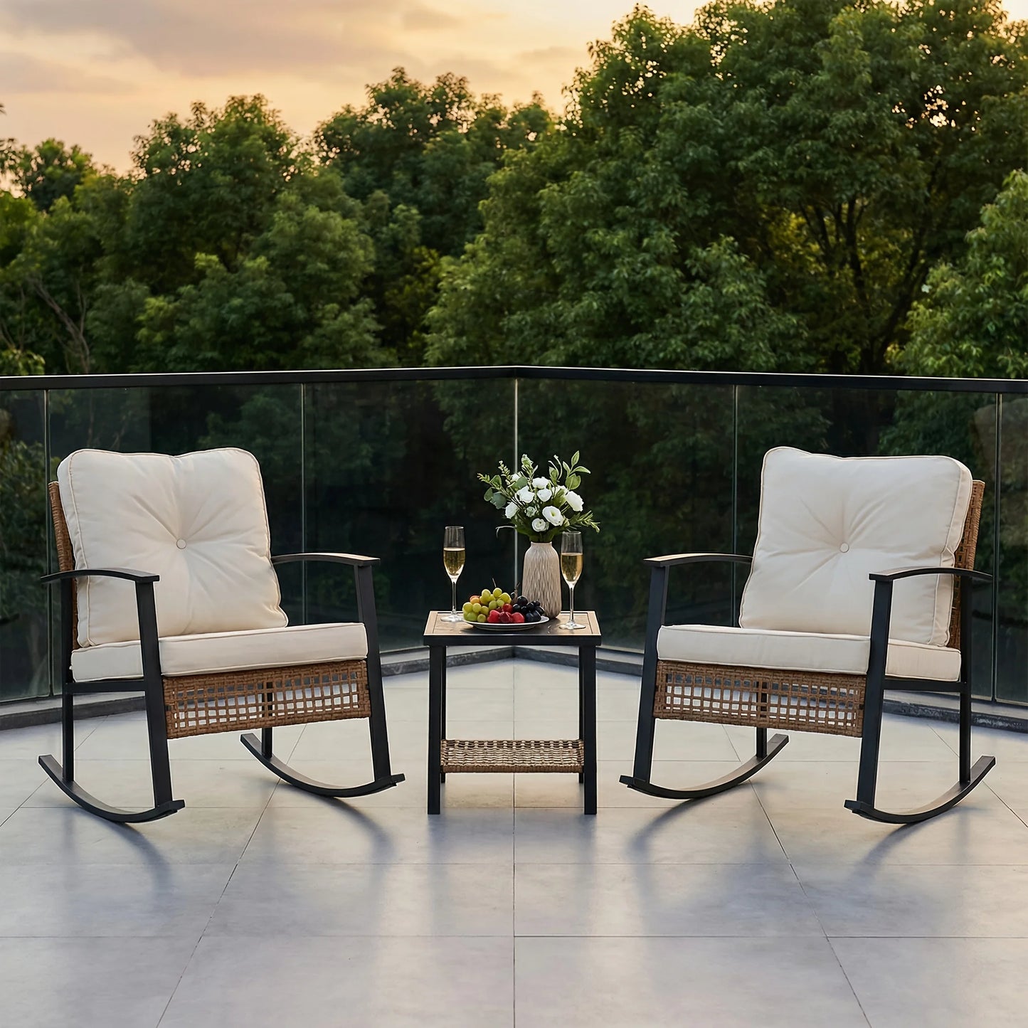 PIYRQ 3 Piece Rattan Rocking Chair Set Outdoor Patio Wicker Glider