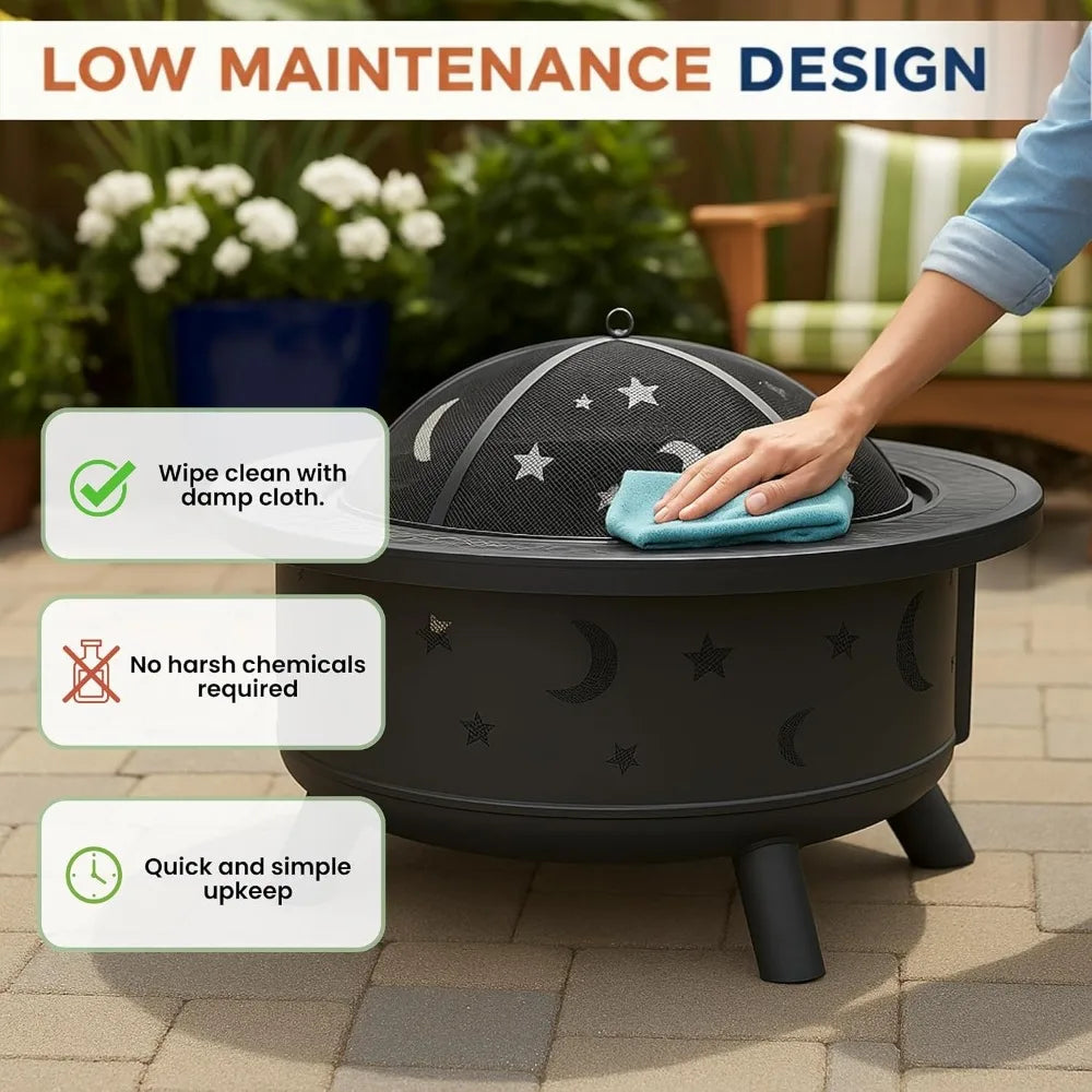 Outdoor Wood Burning Fire Pit With Spark Screen Poker Cover
