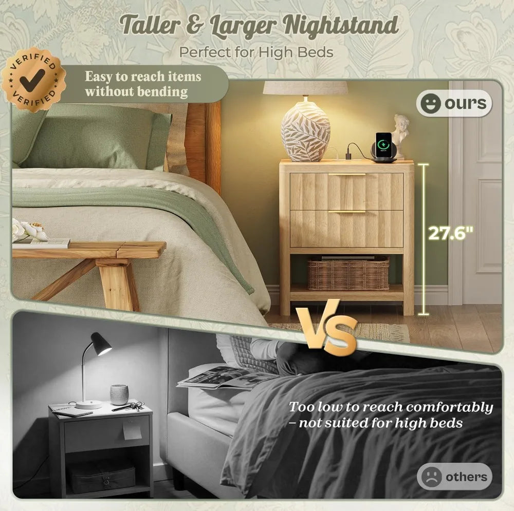 Fluted Wood Nightstands With USBC Charger Station Set Of 2