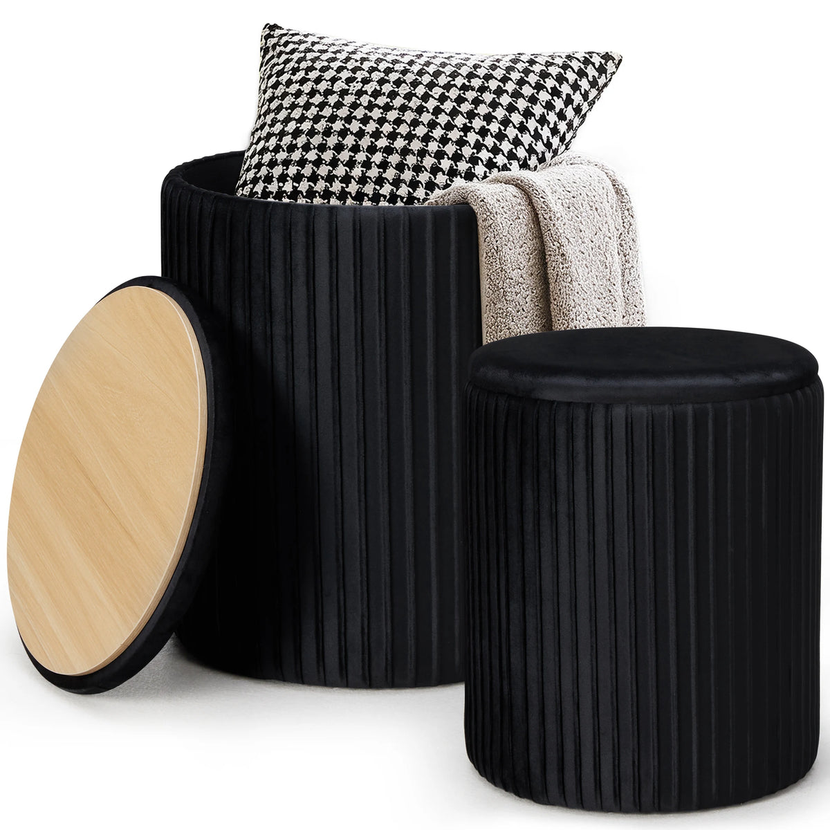 JHK Round Wooden Ottoman With Hidden Storage Footstool Set