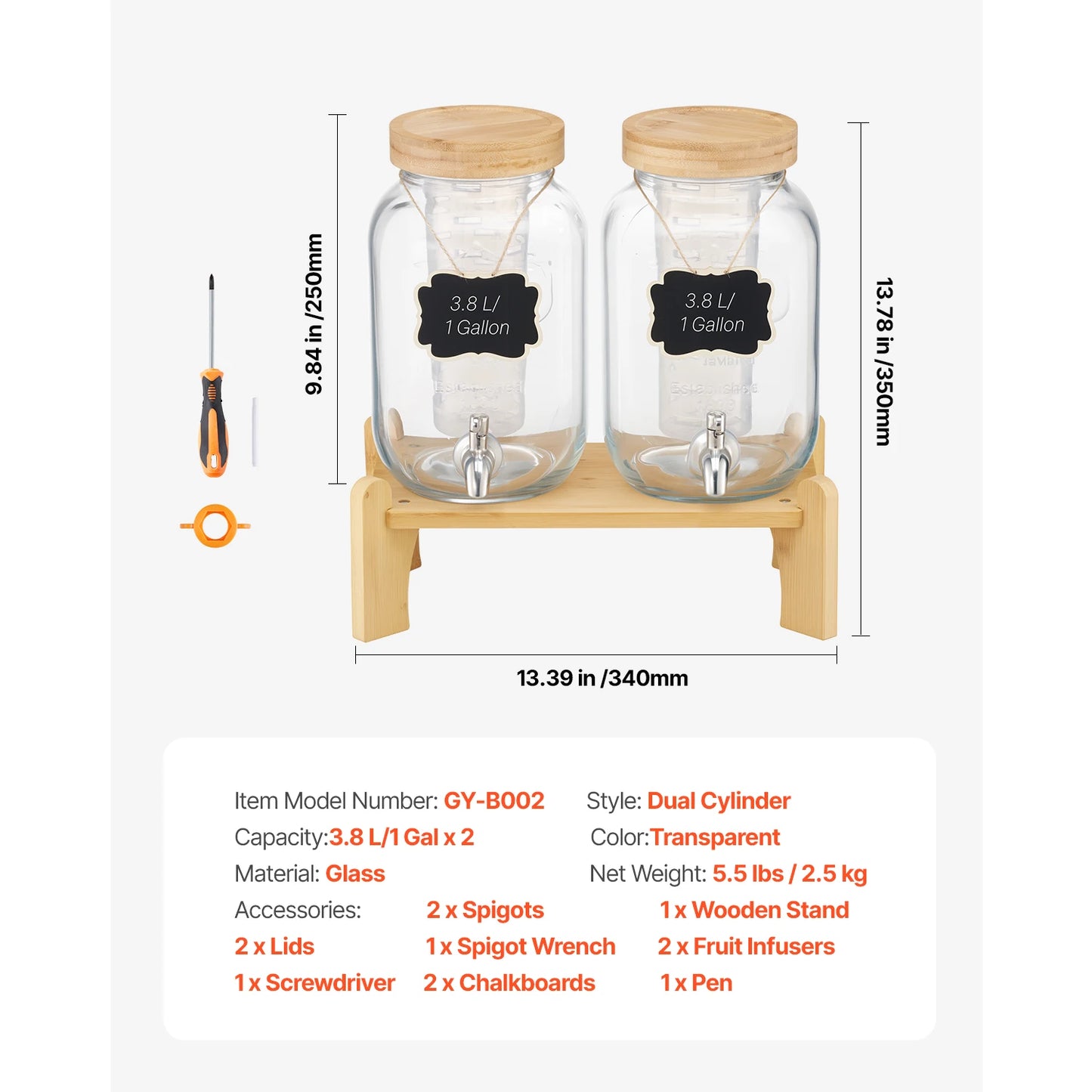 SucceBuy Glass Beverage Dispenser With Wood Stand Dual Cylinder