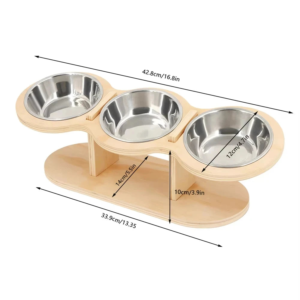 Cat Raised Feeder Three Stainless Steel Bowls Tilted 15 Degree
