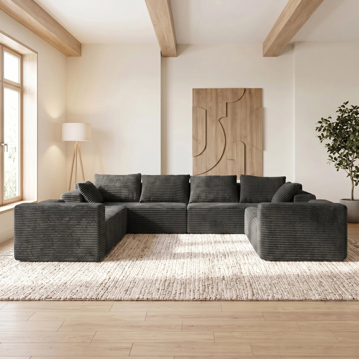 Modern U Shaped Corduroy Sectional Sofa With Comfortable Seating