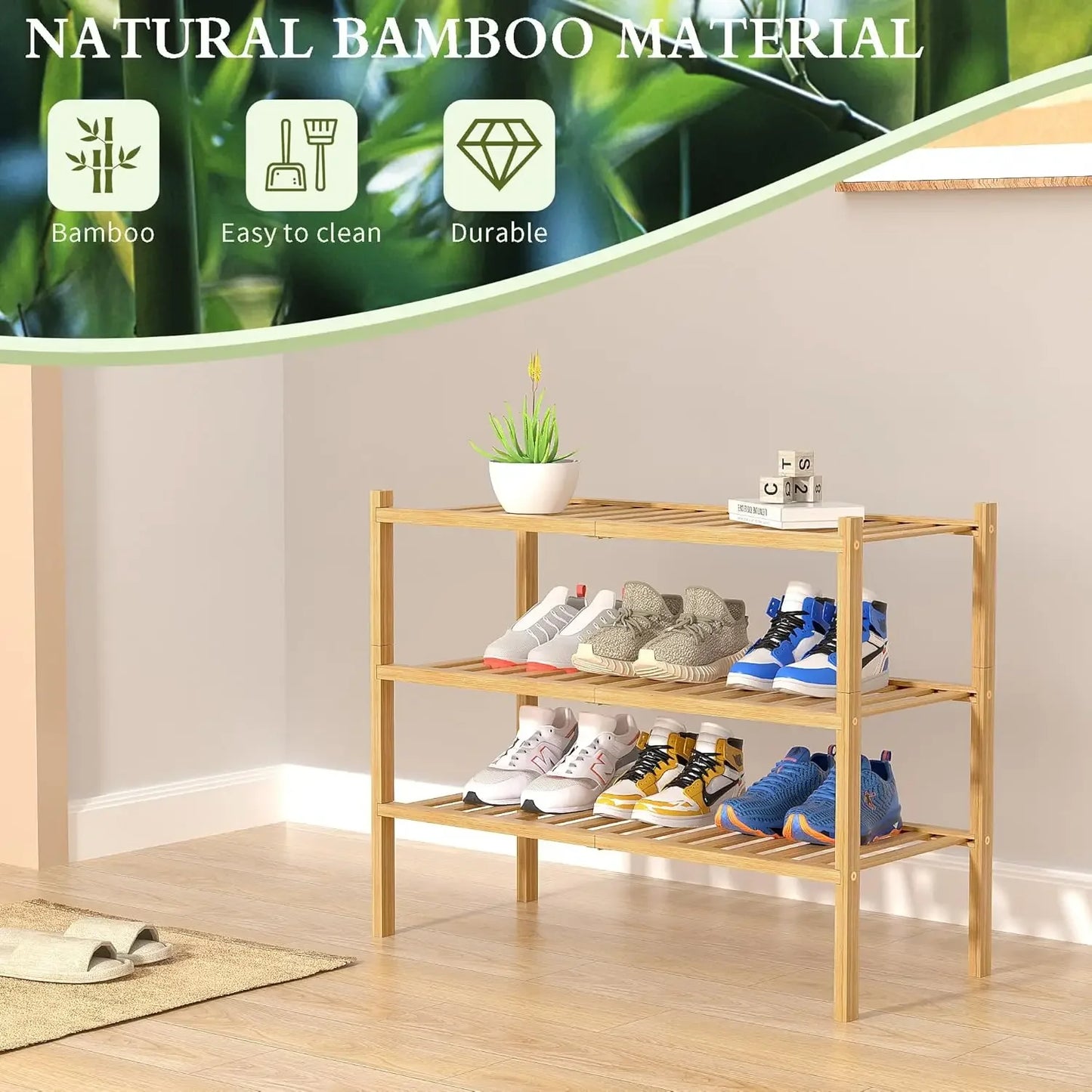 3 Tier Bamboo Shoe Rack Free Standing Organizer For Entryway