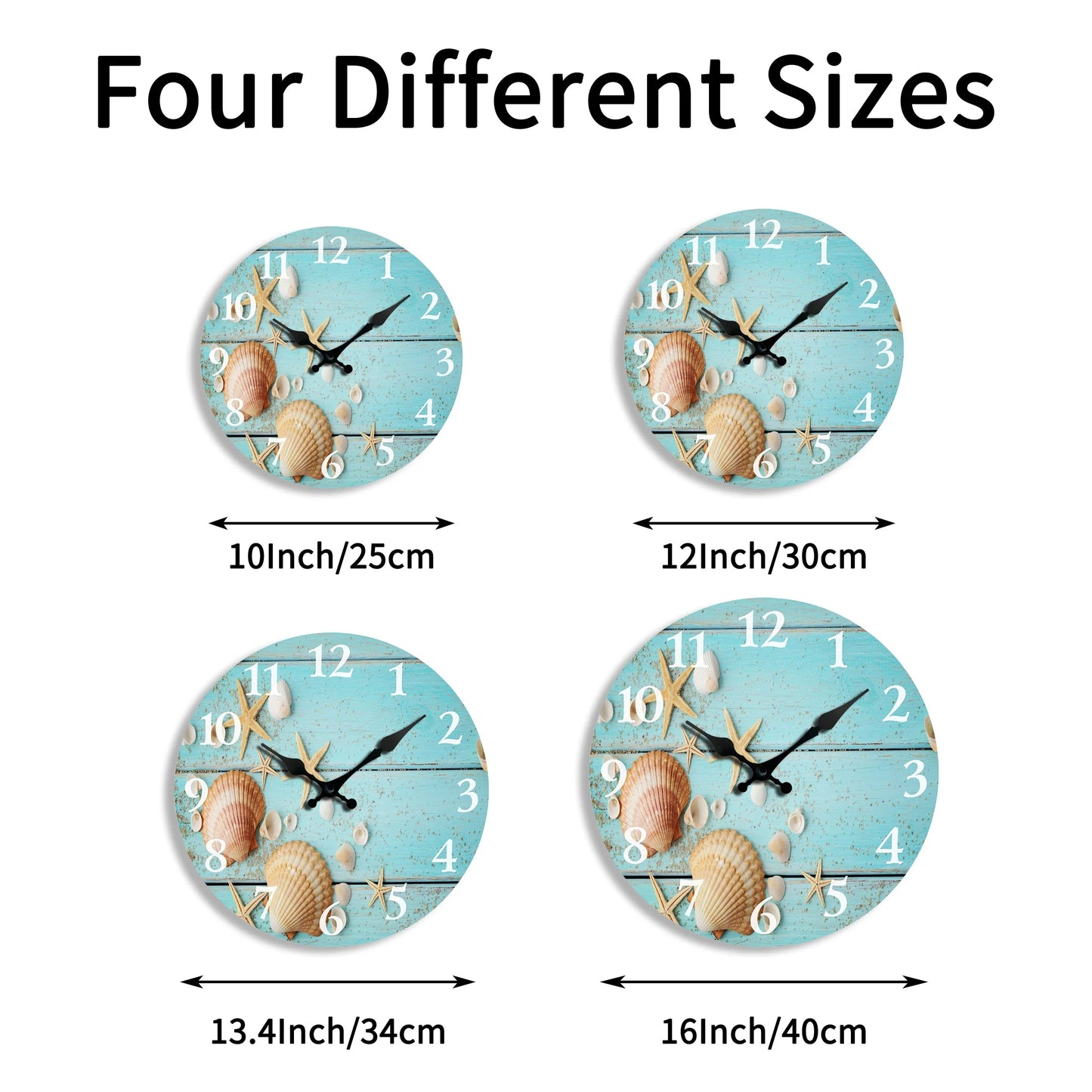 1pc Tropical Summer Seashells Starfish With Sand On Blue Wooden Round Wall Clock, Oil Painting Home Office School Decorative Cre