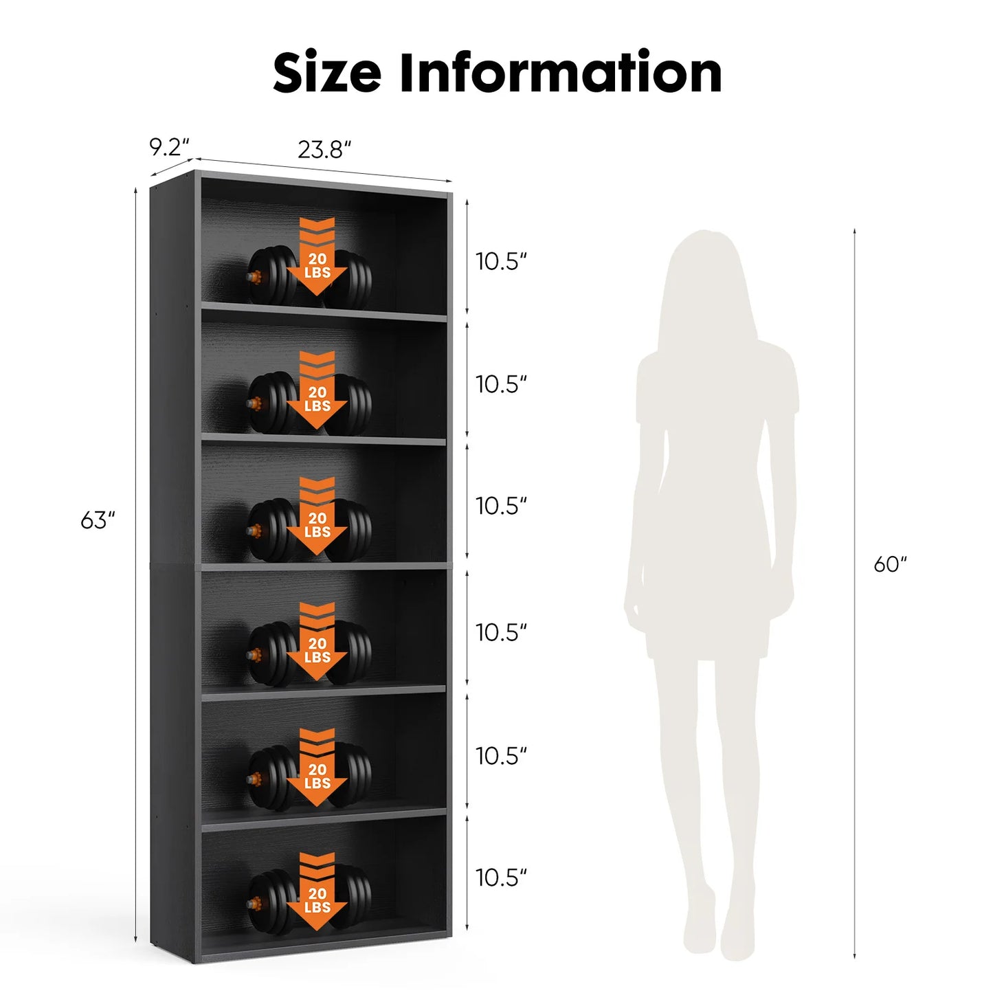 JHK 6 Tier Wooden Shelf Bookcase Modern Floor Standing