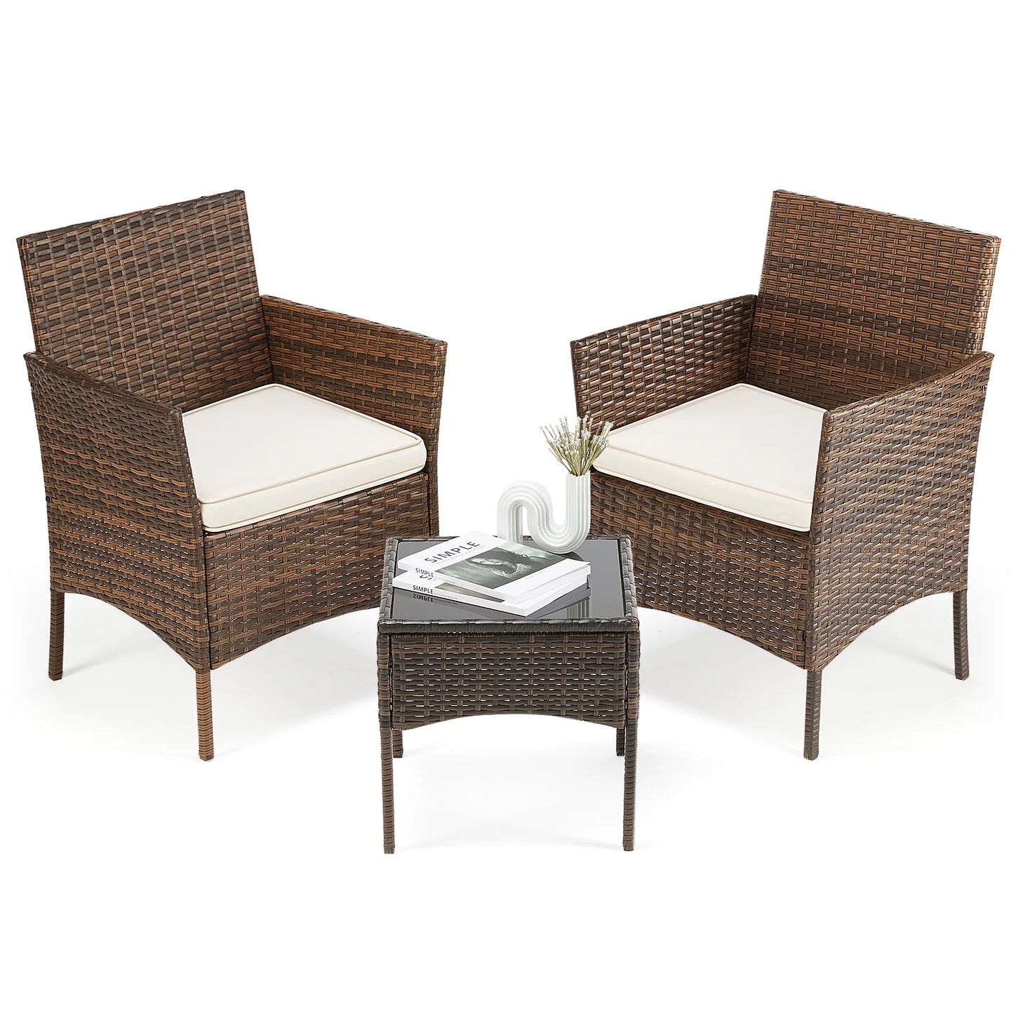 JHK 3-Piece Outdoor Rattan Patio Set With Glass Table Cushions