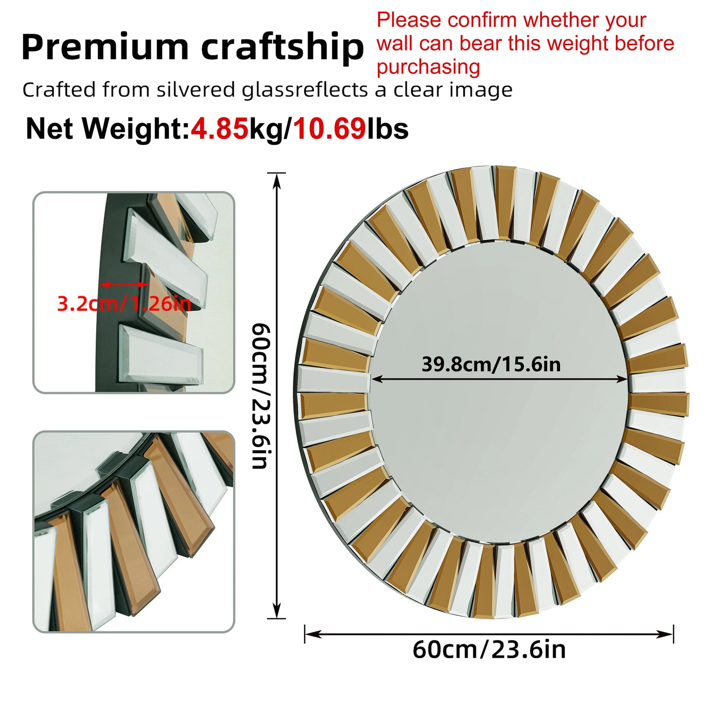 Round Starburst Decorative Wall Mirror For Bathroom Bedroom Living Room