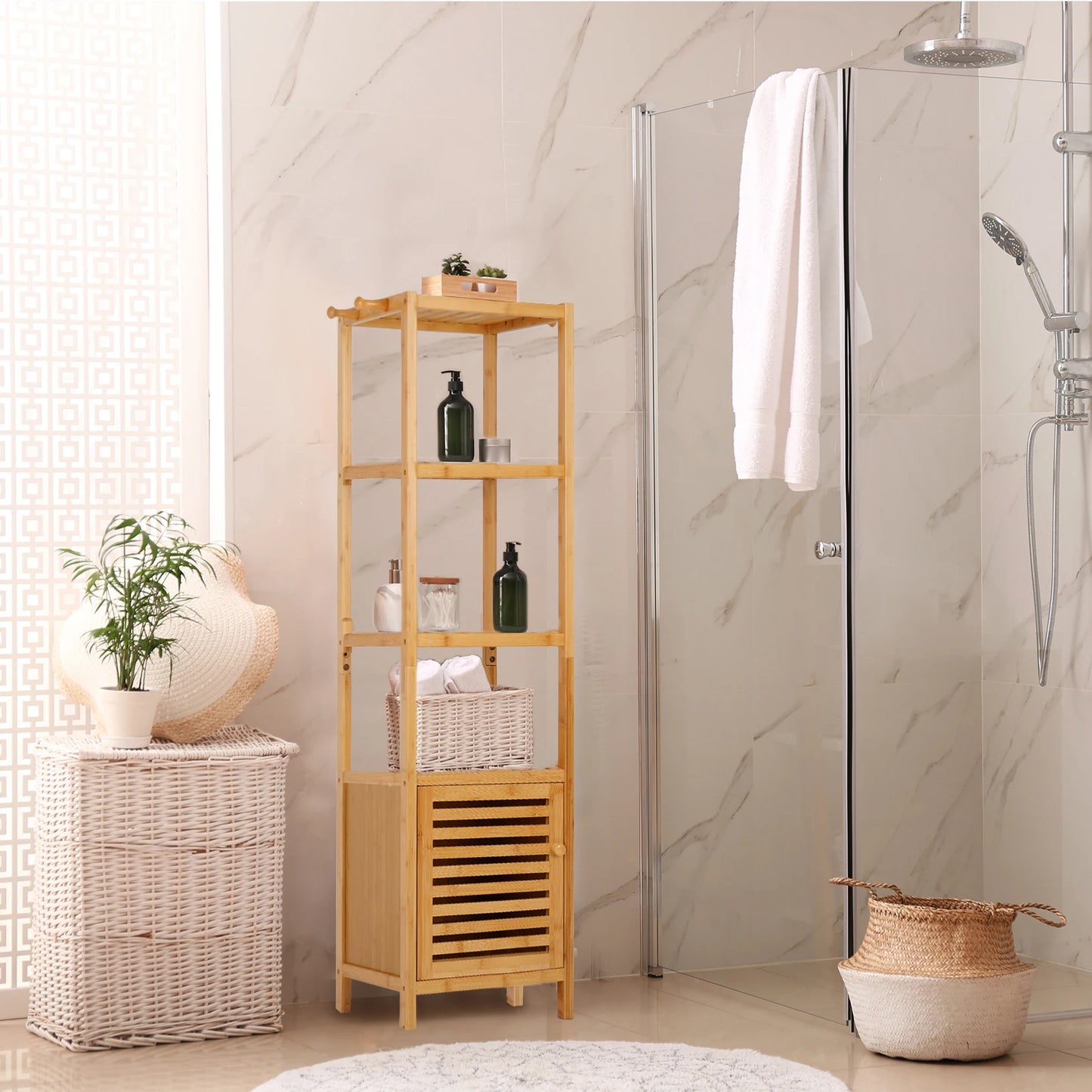 Bamboo Freestanding Bathroom Cabinet Storage Slim Floor Corner Rack