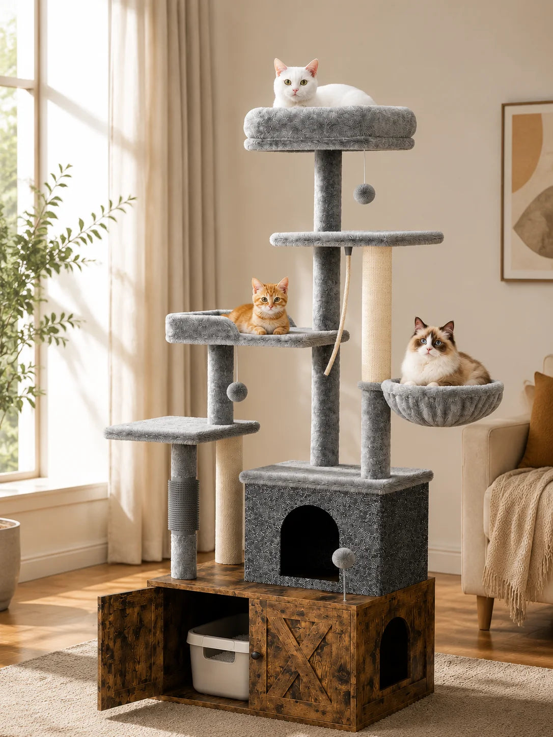 Three In One Modern Cat Tree With Hidden Litter Box Enclosure And Odor Control