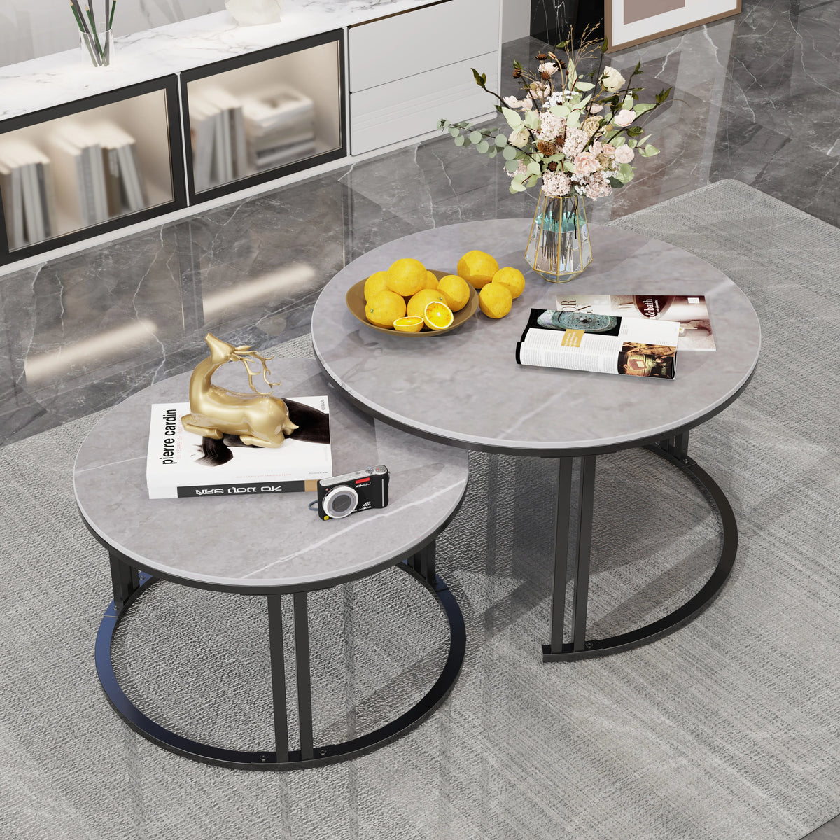 Modern Nesting Coffee Table Set With Marble Top Accent Tables