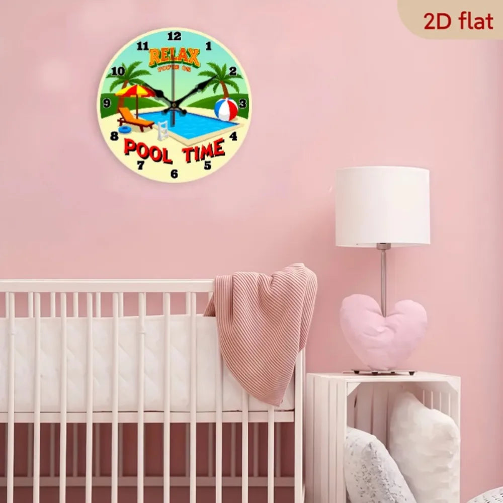10 Inch Tropical Pool Time Wooden Wall Clock - Silent Non-Ticking Beach-Themed Pool Party Decor with Palm Trees, Lounge Chairs &