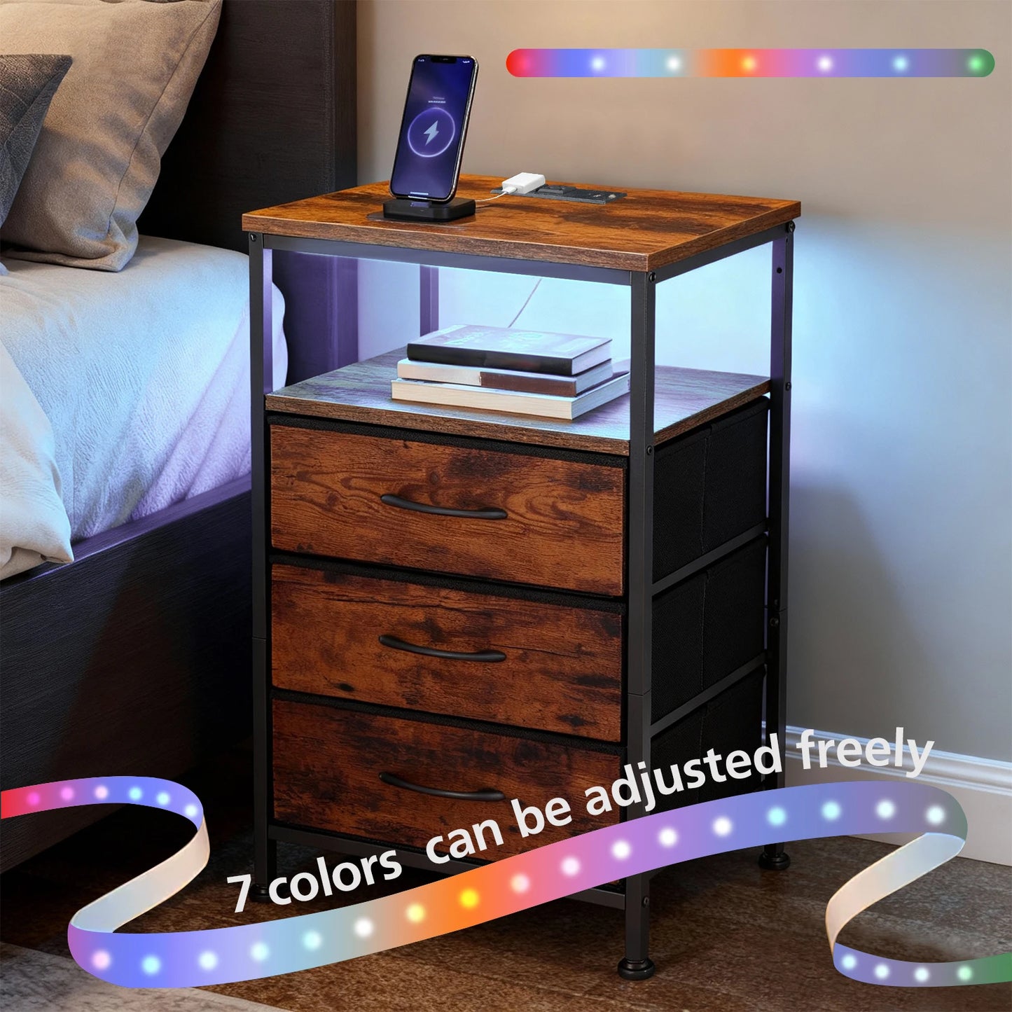 MCQ 3 Fabric Drawers Cabinet With LED Charging Station Nightstand