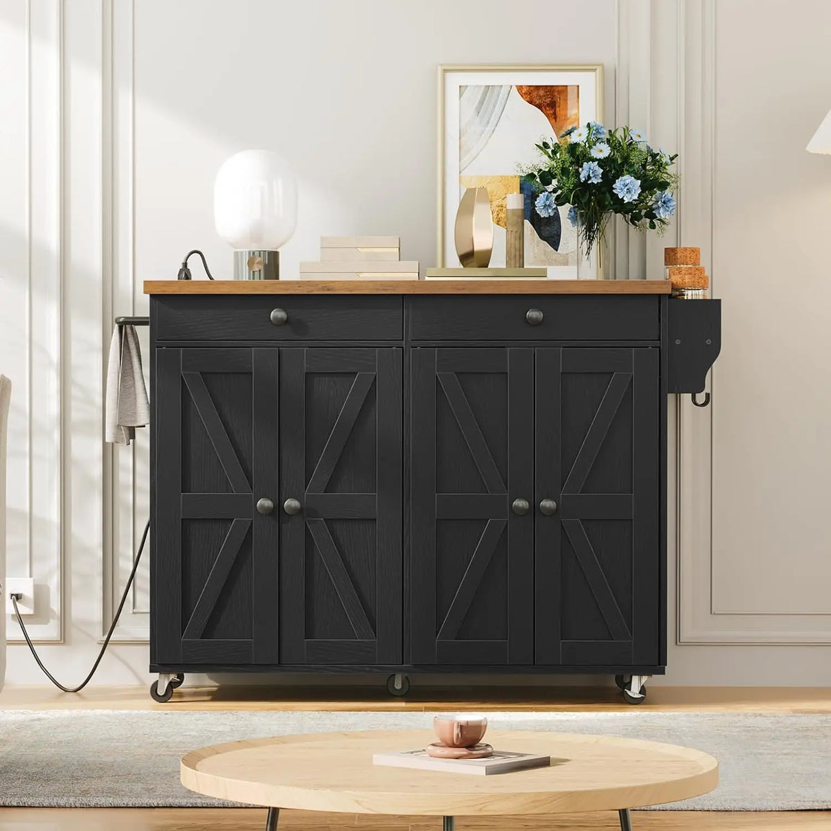 Rolling Kitchen Island Cart With Power Outlet And Storage