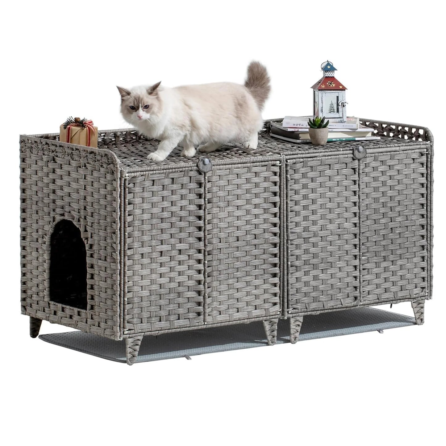 DishyKooker Litter Box Enclosure for Two Cats Rattan Cat Furniture