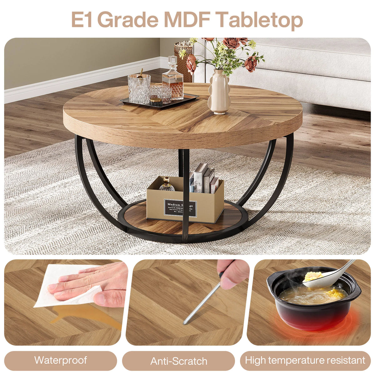 Tribesigns Industrial Round Coffee Table with Two Tier Storage Shelves