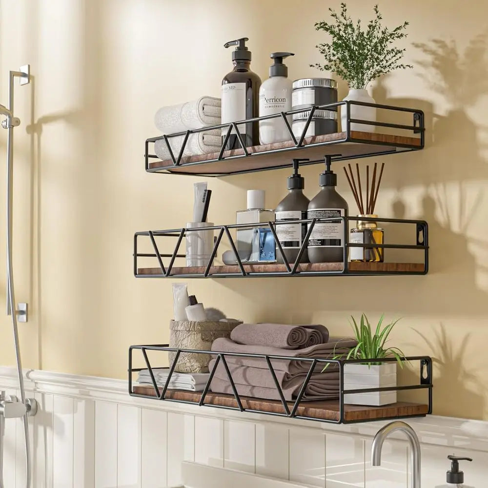 Floating Wood Shelves Set Of 3 Wall Mounted Living Room