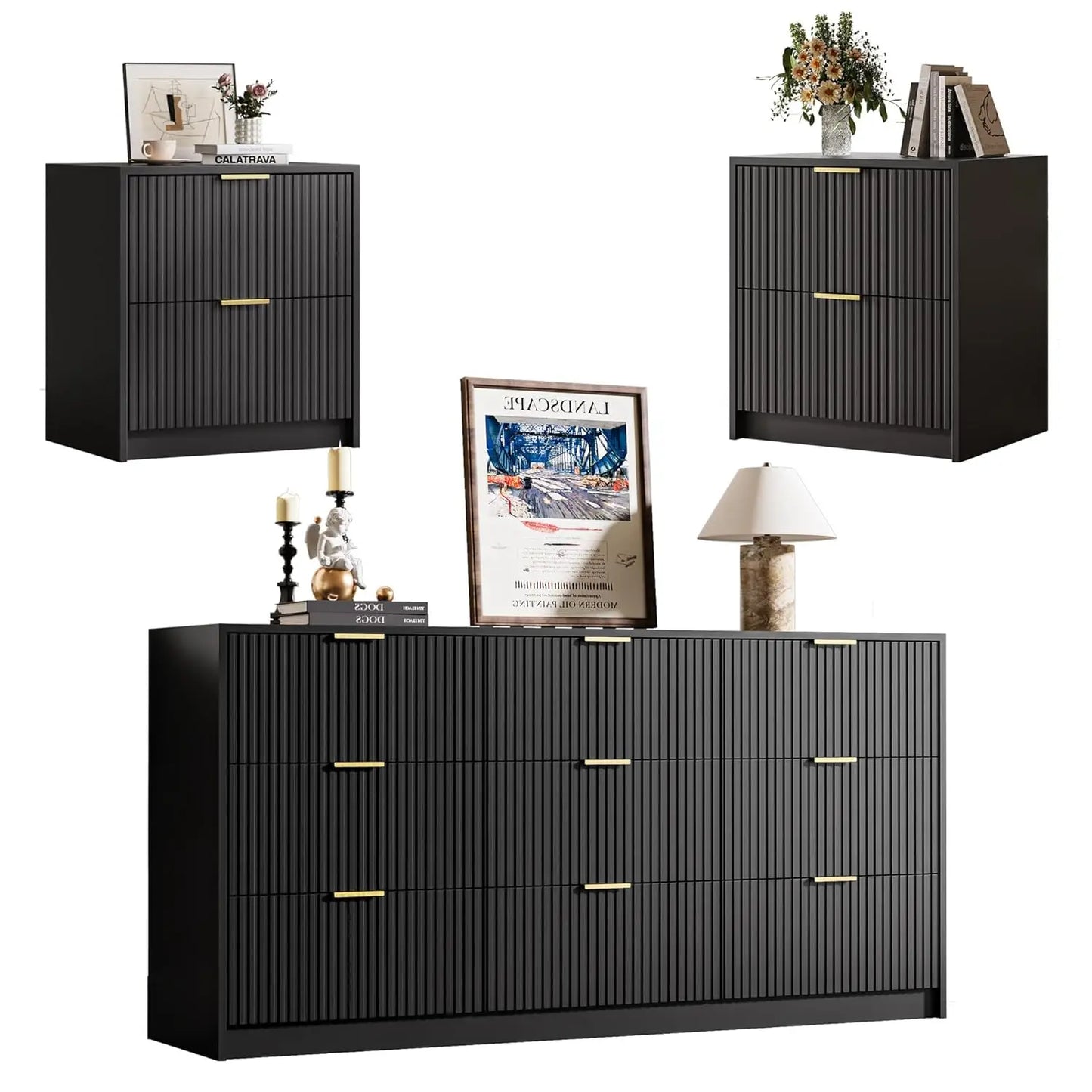 Dresser Bedroom Set With 9 Drawer Dresser And 2 Drawer Nightstands Gold Handles