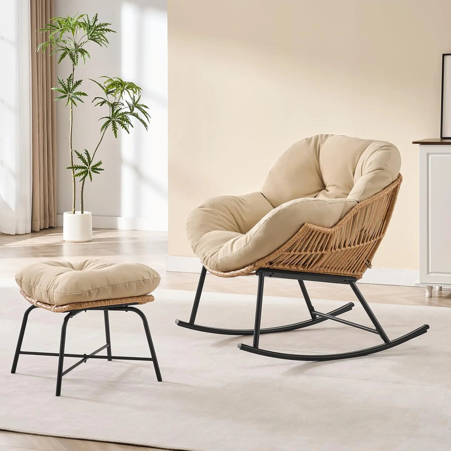 ONBRILL Papasan Rocking Chair With Ottoman Outdoor Wicker Rattan Lounge