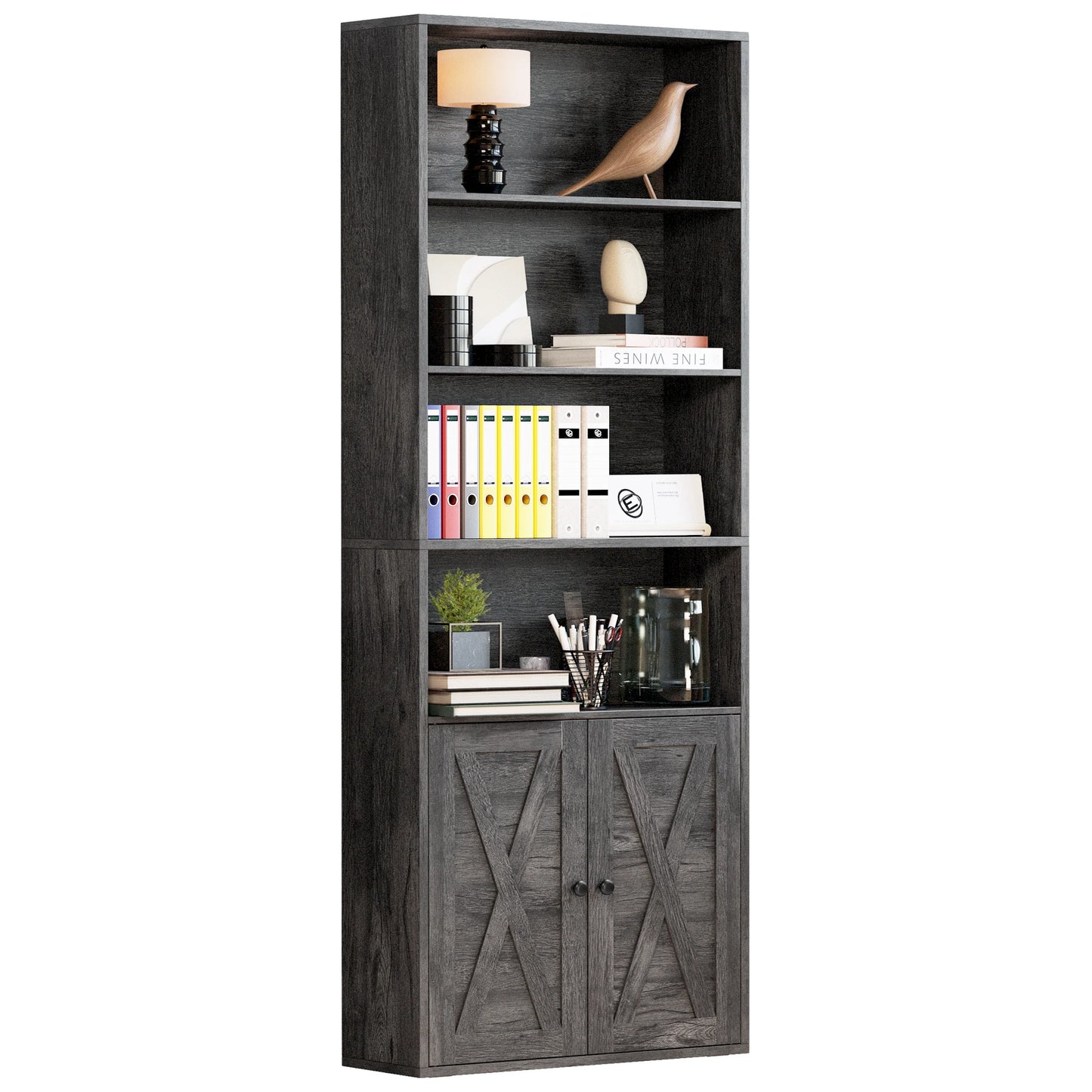 Ironck Industrial Bookshelves With Doors Floor Standing 6 Shelf Bookcase