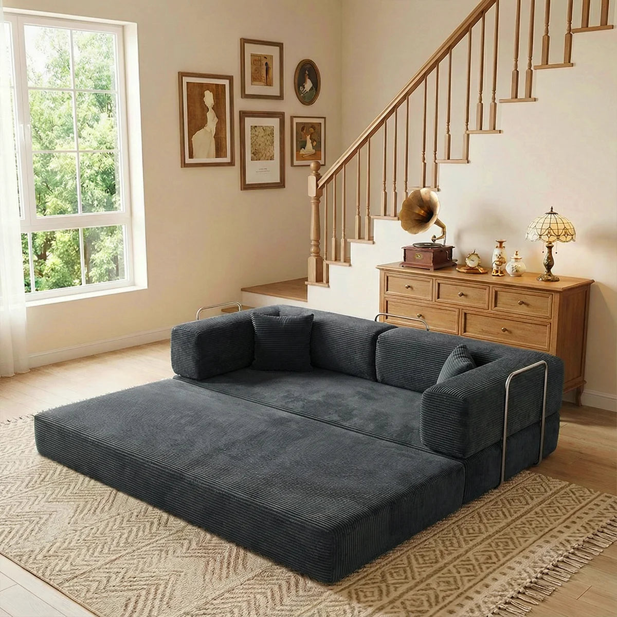 YQzyphyna Corduroy Futon Sofa Bed 4-In-1 Convertible Couch Living Room