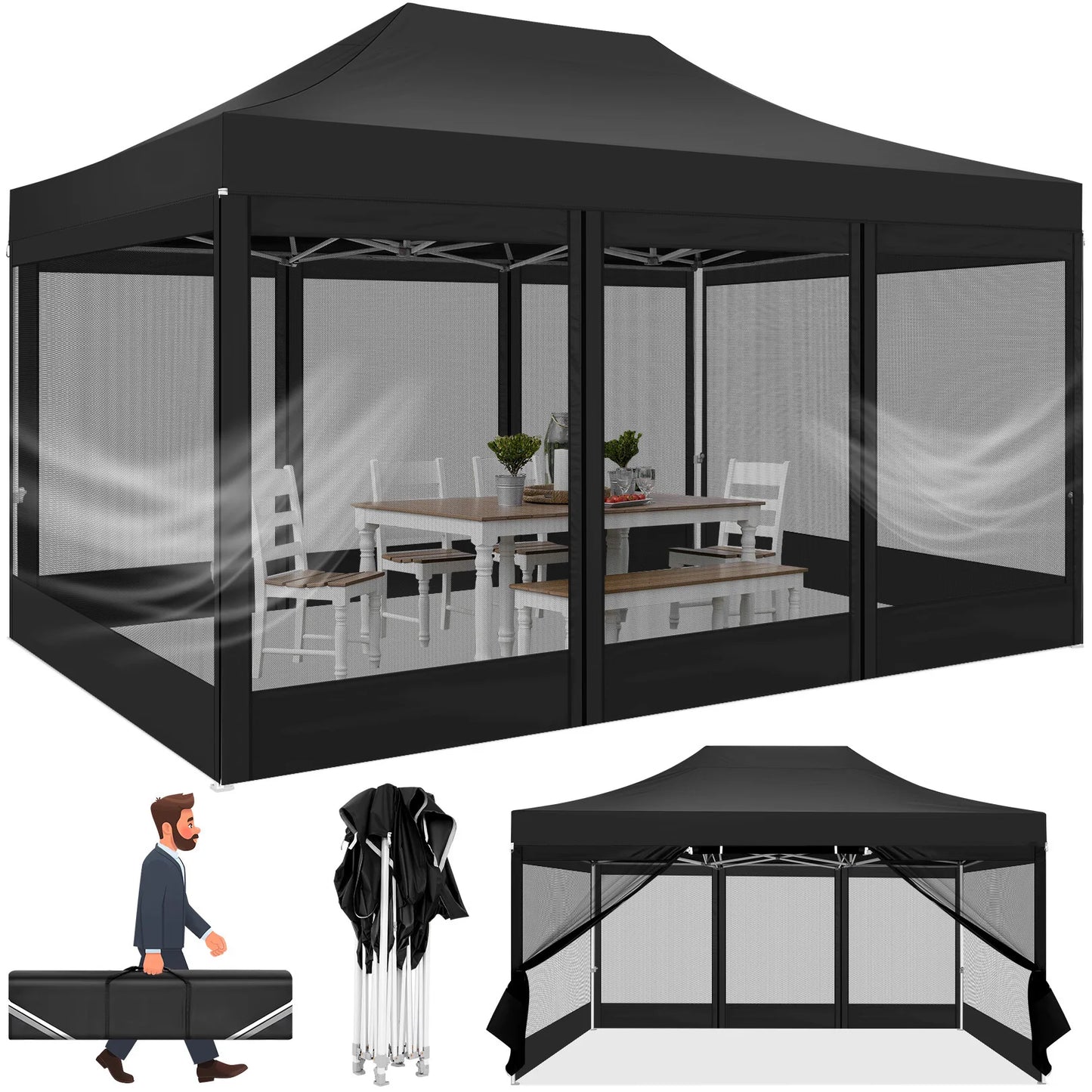 HOTEEL Heavy Duty Pop Up Canopy With Mosquito Netting Sidewalls