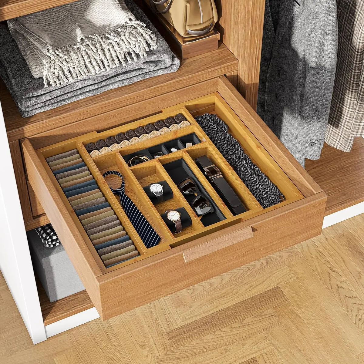 Bamboo Silverware Drawer Organizer Adjustable Cutlery Storage Tray