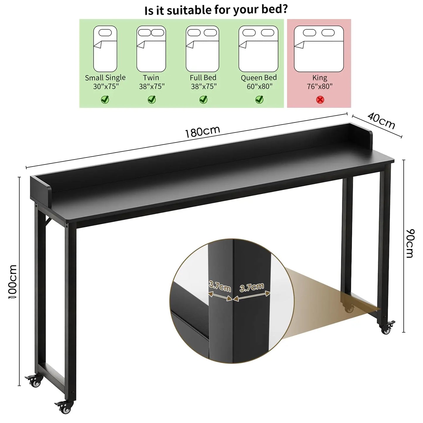 Heavy Duty Overbed Table With Wheels For Bedroom Or Office Use