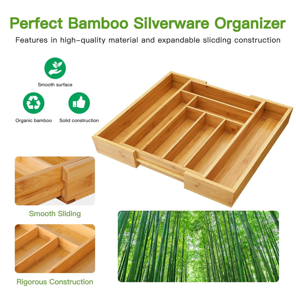 Bamboo Silverware Drawer Organizer Adjustable Cutlery Storage Tray