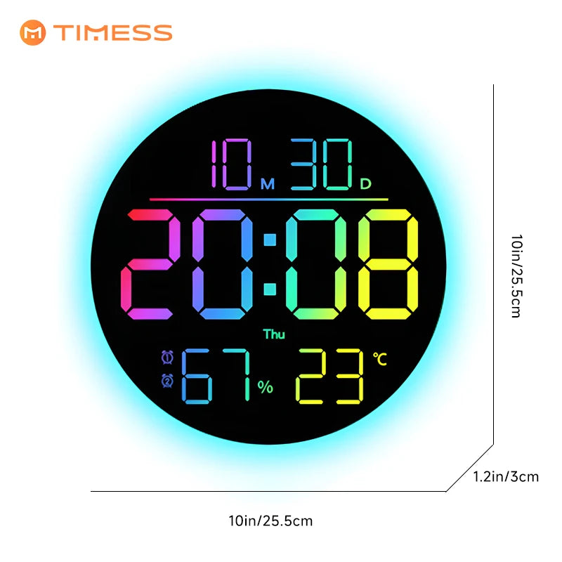10 Inch RGB LED Digital Wall Clock Remote Control Large Display Date Temperature Humidity Auto Dimming Modern Living Room Decor