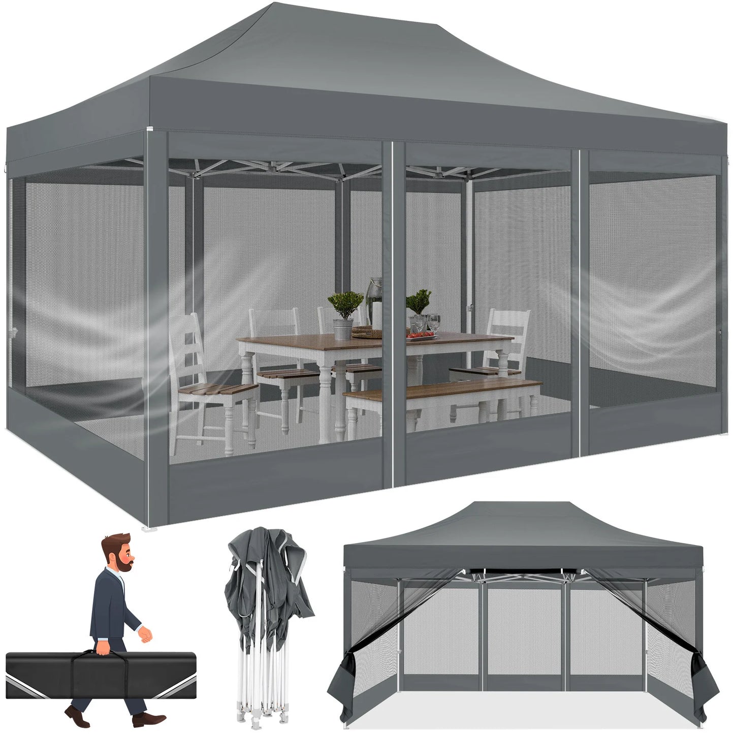 HOTEEL Heavy Duty Pop Up Canopy With Mosquito Netting Sidewalls