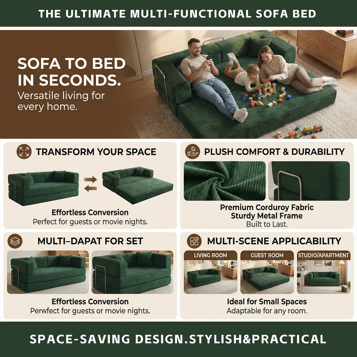 YQzyphyna Corduroy Futon Sofa Bed 4-In-1 Convertible Couch Living Room