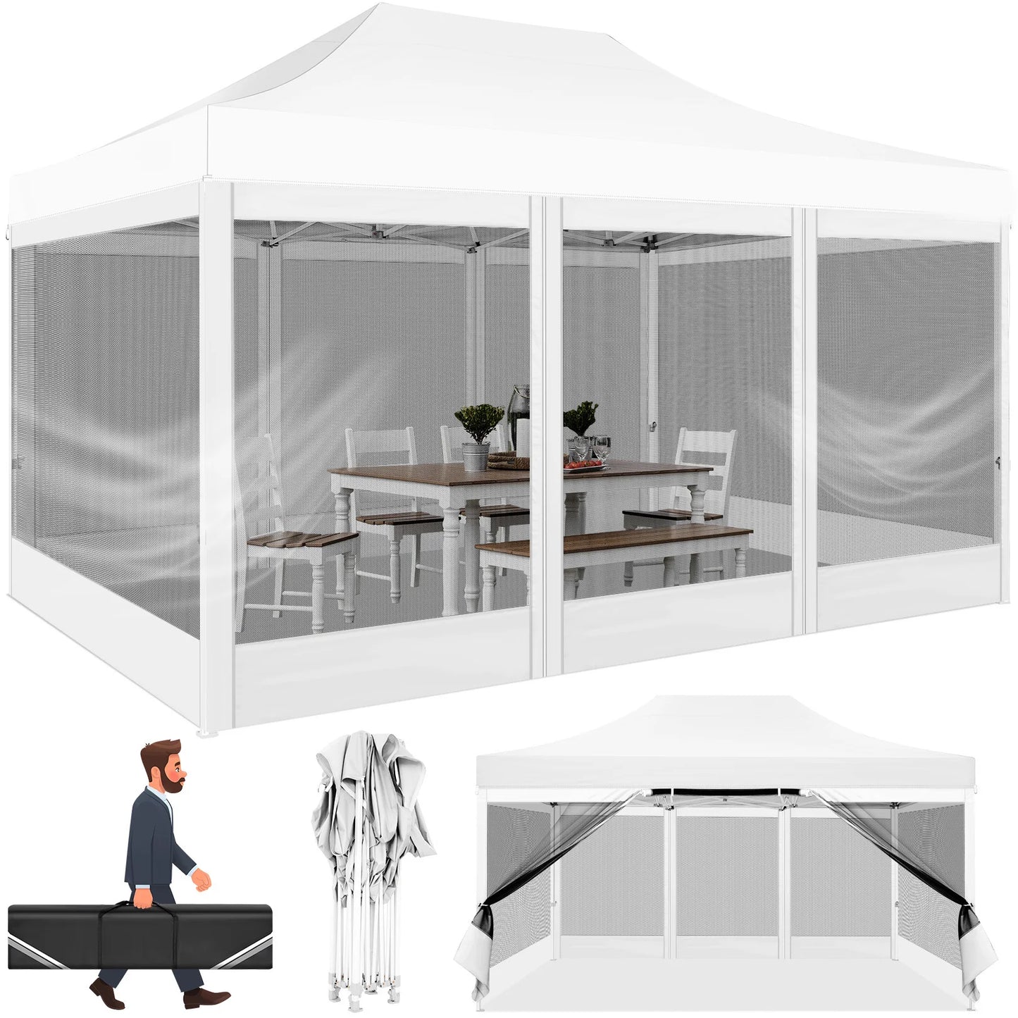 HOTEEL Heavy Duty Pop Up Canopy With Mosquito Netting Sidewalls
