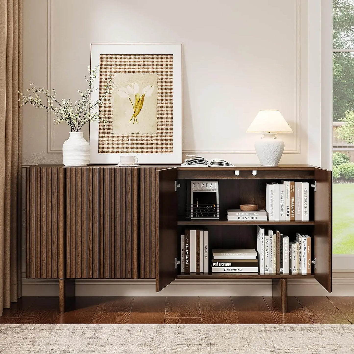 Onbrill Mid Century Modern Fluted Sideboard Buffet Cabinet